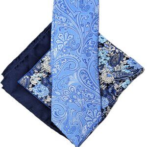 Croft & Barrow Silk Tie Azure Blue Paisley w Floral Pocket Square Handmade